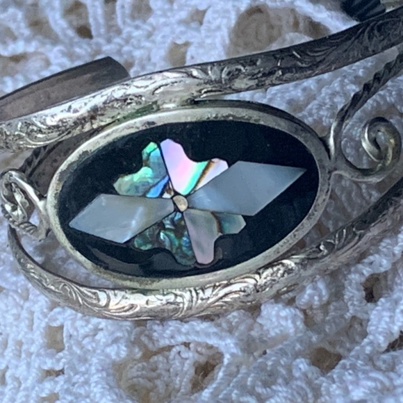 HECHOEN MEXICO Silver Abalone MOP Shell Cuff Bracelet Woman’s Jewelry Butterfly - Picture 2 of 10